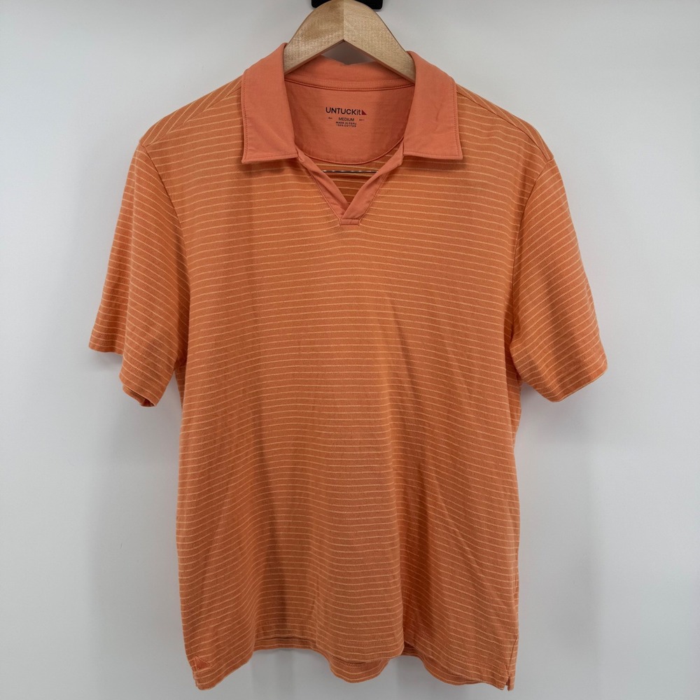 UNTUCKit Cotton Men Medium Regular Fit Orange Striped Polo Shirt Preppy Resort